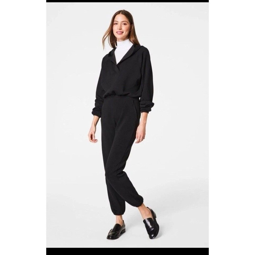 Spanx AirEssentials Jumpsuit M  Black Hooded Long Sleeve Jogger Comfort